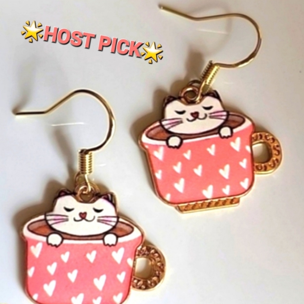 COLORFUL Coffee Cup Cat Earrings Just Stunning ADORABLE Gold Pink